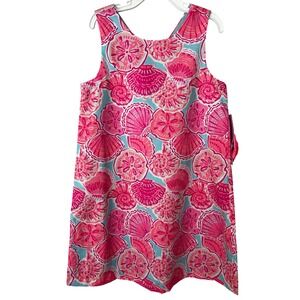 Tommy Bahama Kids Shell Print Dress Size 7 Pink Blue Nautical Beach with Bow
